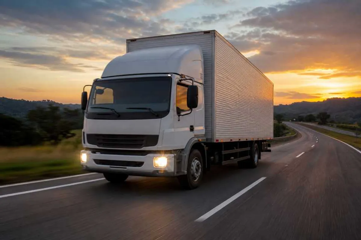 Caminhão de mudança em rodovia para transporte interestadual saindo de Dourados